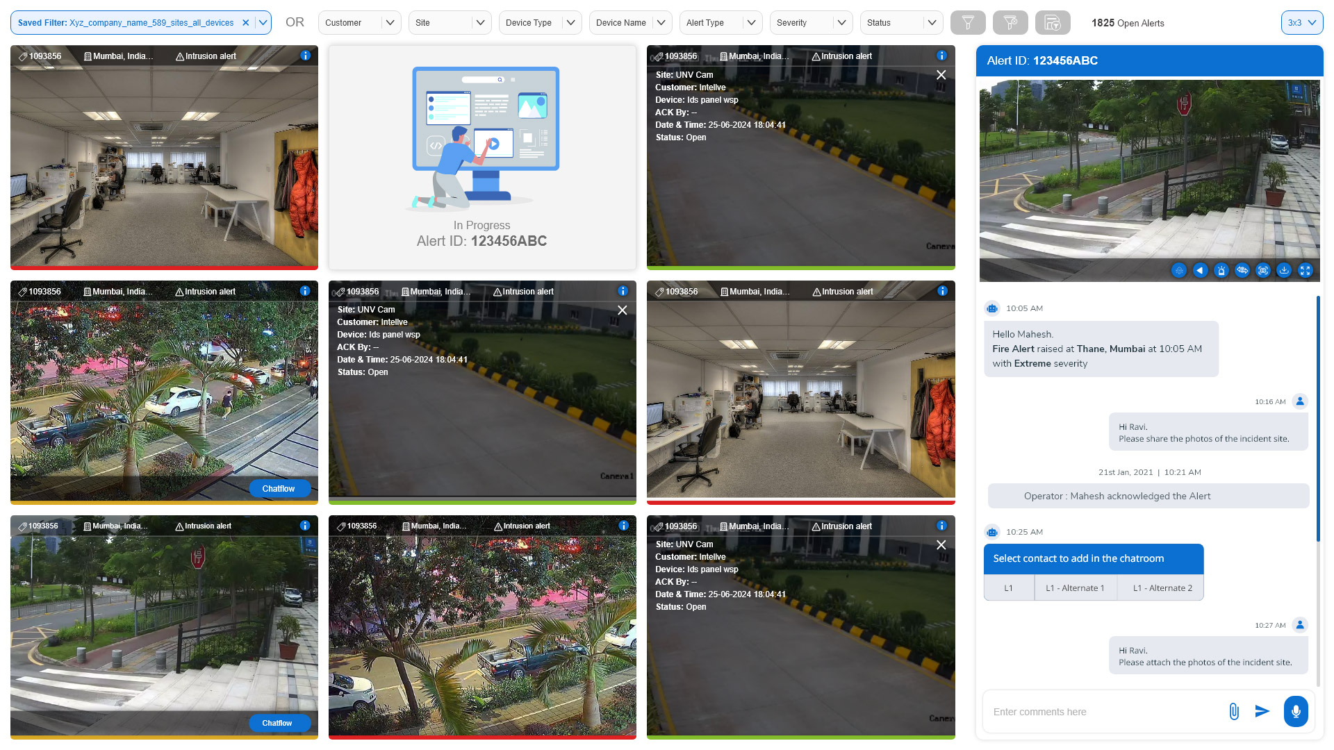 MonitoringHub alert grid: live camera tiles for an active alert beside a built-in chat workflow for coordinating the response.