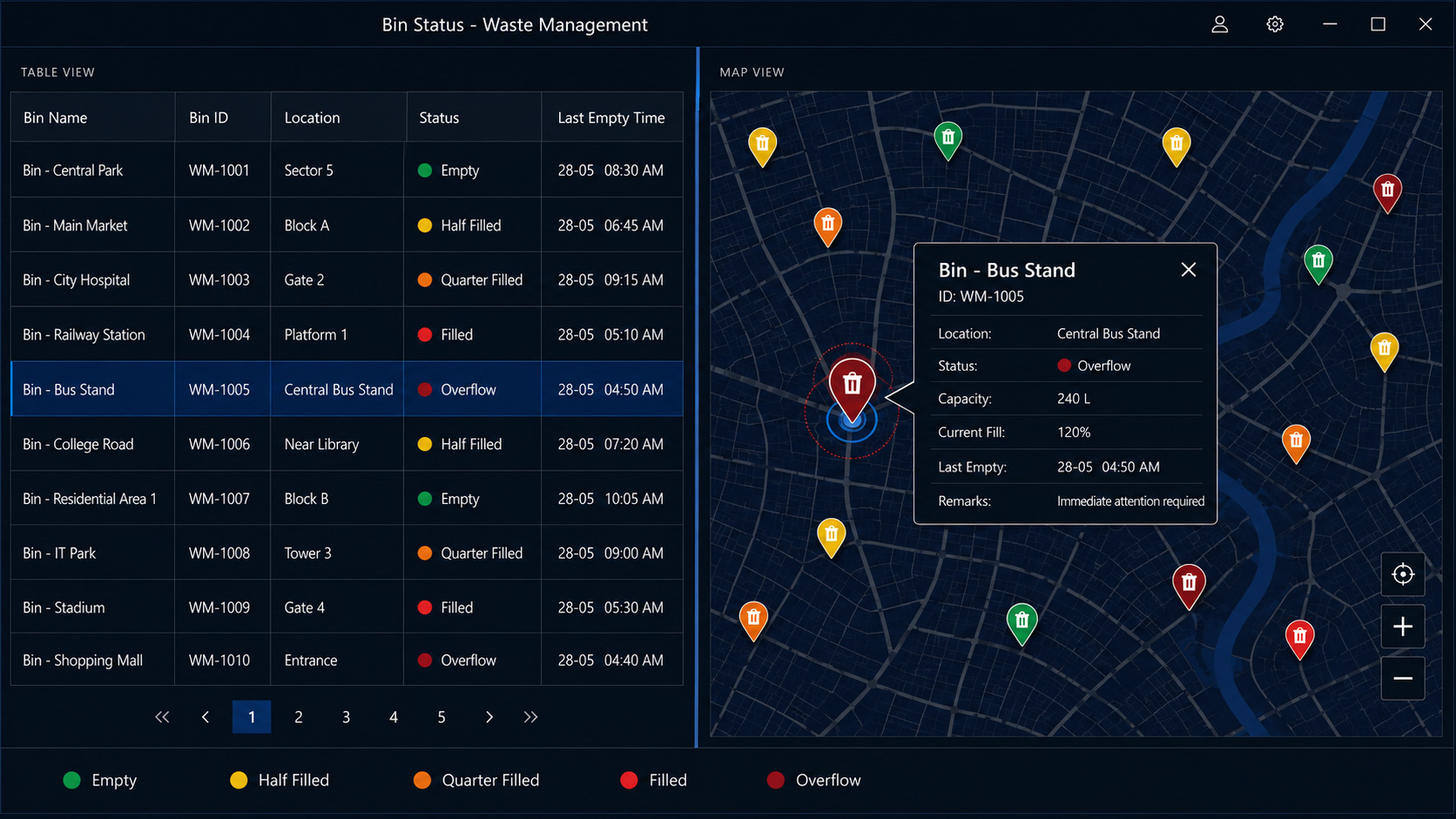 A recreation of the operator interface, split into the table view and the map view of the solid waste module: a searchable bin status table on the left, the same bins on a live city map on the right, with one overflowing bin selected in both.